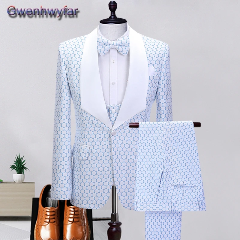 

Gwenhwyfar White Shawl Lapel Groom Tuxedos, Three Pieces Set Formal Wedding Suit For Men,Custom Made Groomsmen Blazer+Vest+Pants