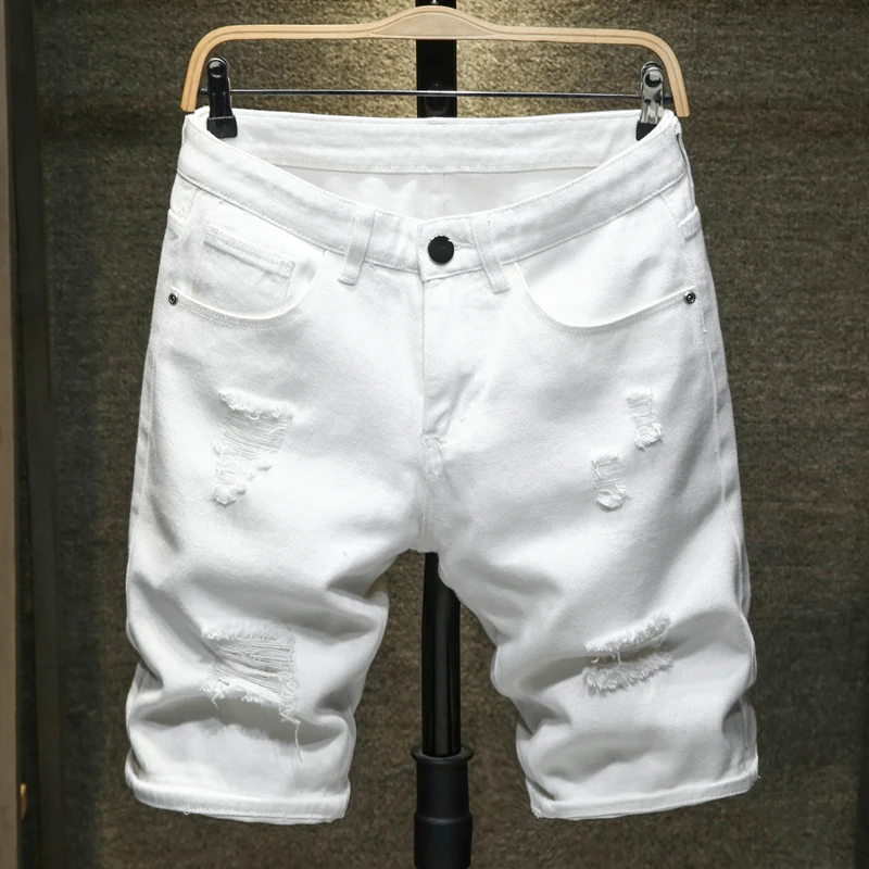 Novo branco jeans shorts masculino rasgado buraco desgastado na altura do joelho clássico simples moda casual magro denim shorts masculino de alta