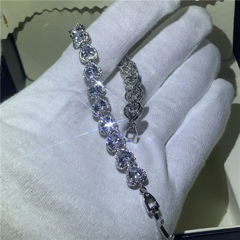 Handmade Lovers Heart shape bracelet AAAAA Cubic Zirconia White Gold Filled Party Wedding bracelets for women Fashion Jewerly 5