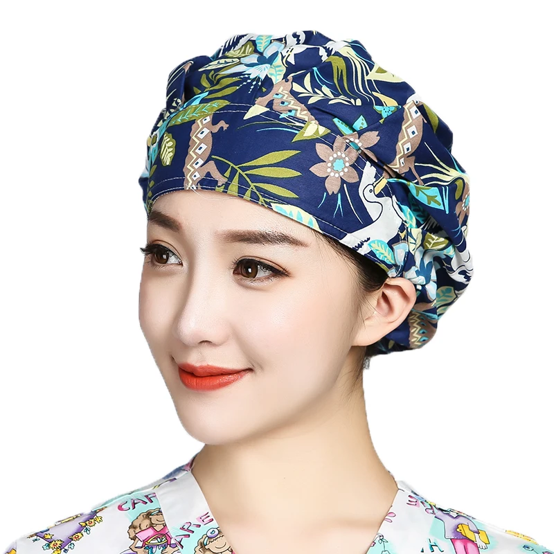 Chapeaux bouffants en coton pour cheveux longs, avec bandeau imprimé réglable, pour Salon de beauté, vêtements de travail pour soins infirmiers