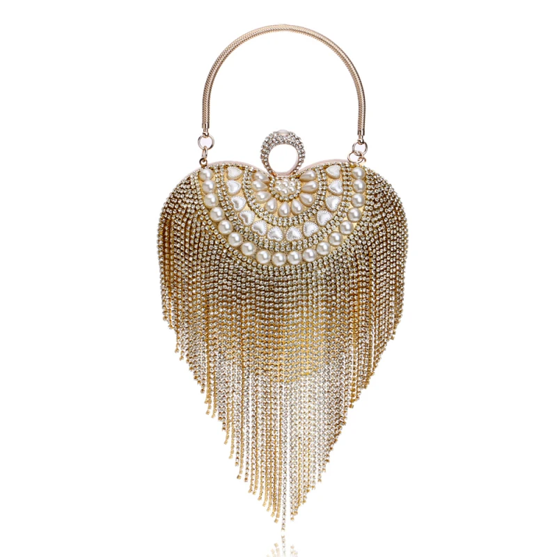 GLOIG heart design women evening clutch small beaded rhinestones finger ring metal evening bags tassel diamonds party handbags