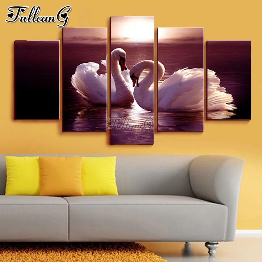 

FULLCANG Swan Lake 5 piece diy diamond painting large full square round mosaic embroidery animals multi-picture FG0529