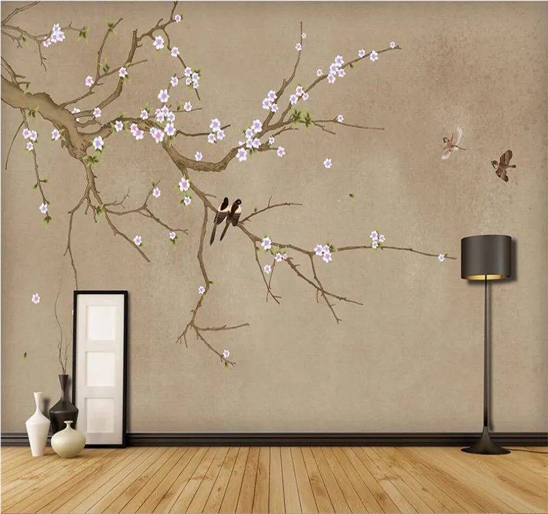 

XUE SU Custom wallpaper bedroom mural modern hand-painted plum flowers and birds background wall decoration painting