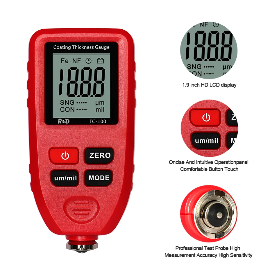 R & d tc100 medidor de espessura de revestimento pintura do carro filme espessura tester medição fe/nfe russa manual pintura ferramenta 0.1 mícron 1300um