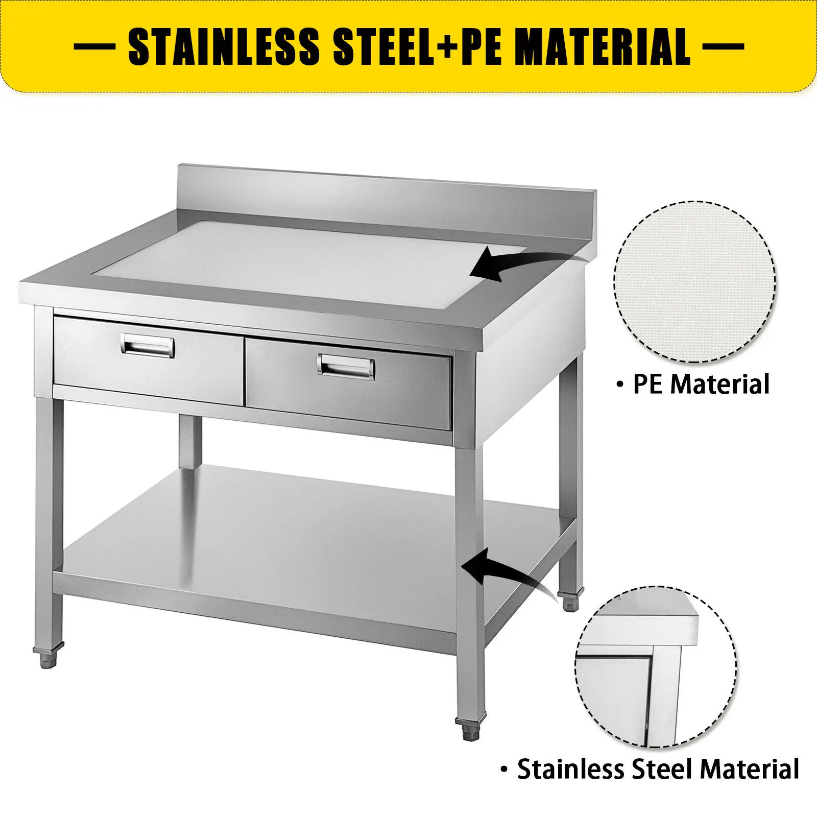 VEVOR 24"x36" 24"x48" Professional Stainless Steel Kitchen Work Prep Table Adjustable Feet with Double Drawers Home Commercial