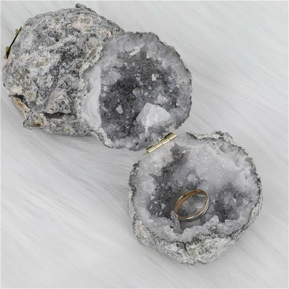 Natural Handmade Storage Agate Geode Necklace Box Rough Quartz Crystal Earring rings Box Crystal Stone Women Jewelry Container