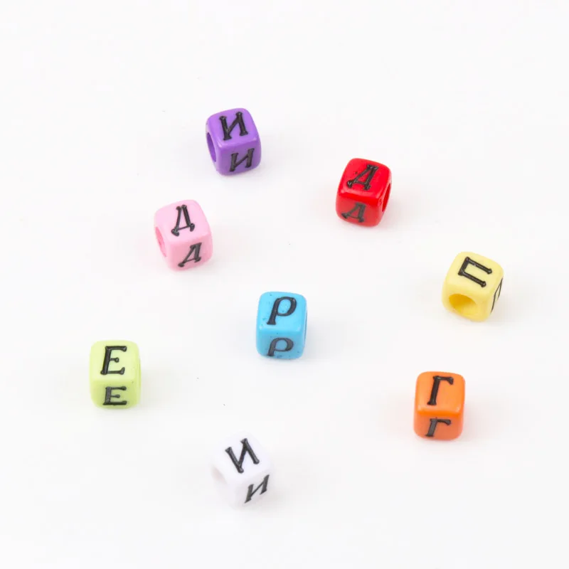 100PCs Mixed Black Acrylic Russian Alphabet Letter Flat Cube Beads For Jewelry Making Diy 6x6mm KL178