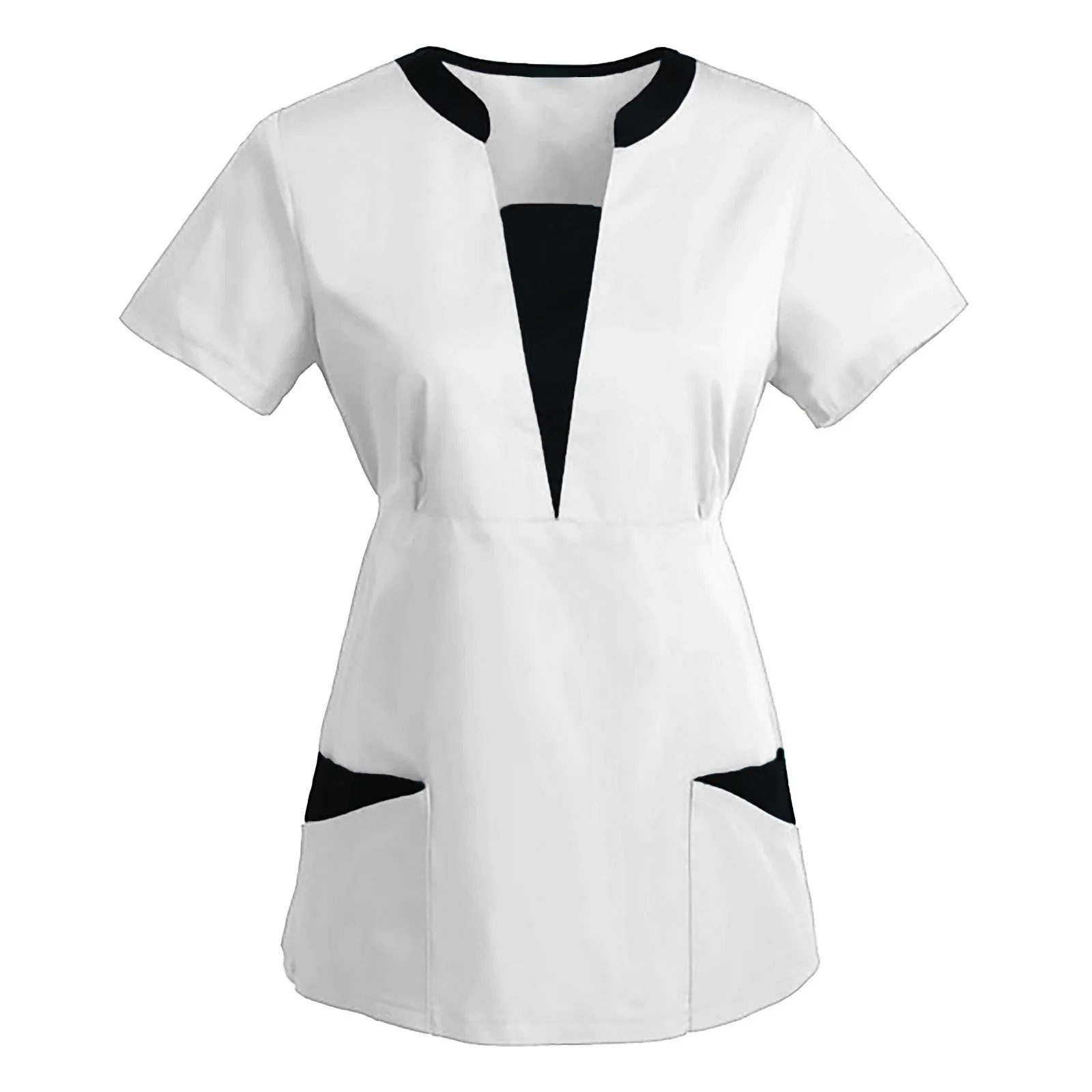 Uniforme de travail d'infirmière à manches courtes et col en V pour femmes, uniforme de travail d'infirmière, chemisier à poches pour documents, patchwork solide, accessoires