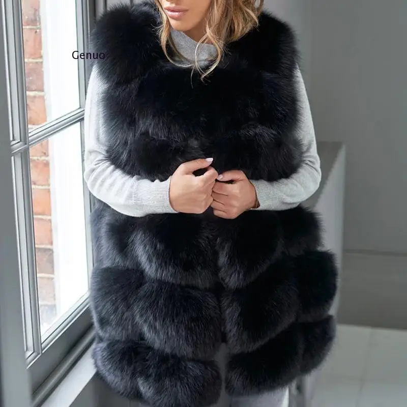 Imitation Fur Vest Jacket Stitching Autumn Winter Fox Fur Vest Women's Mid-Length Fur Coat High Quality Silver Fox Fur Outwear