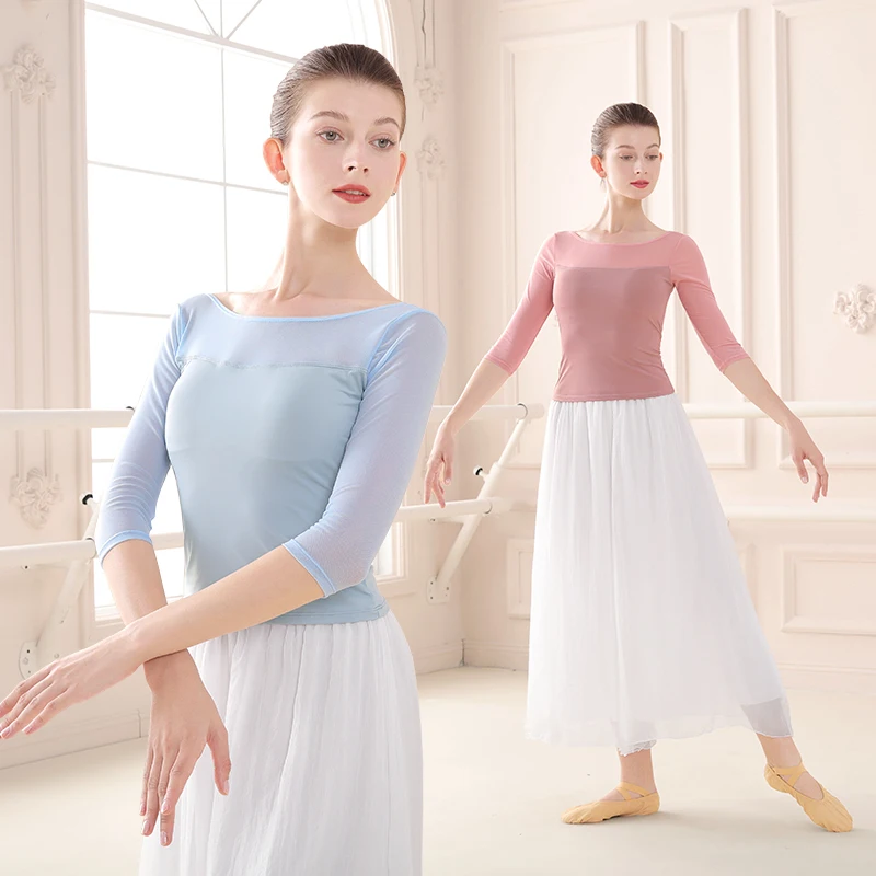 Women Ballet Top Adult Practice Clothes See Through Mesh Tops 3/4 Sleeve Folk Dance Sport Yoga T-Shirt Classical Dance Costume