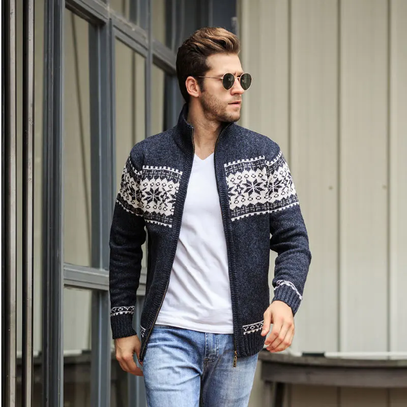 Men Fashion Plaid Stand Collar Slim Sweater Male Trend Casual Knitted Wool Cardigans Outerwear Clothing