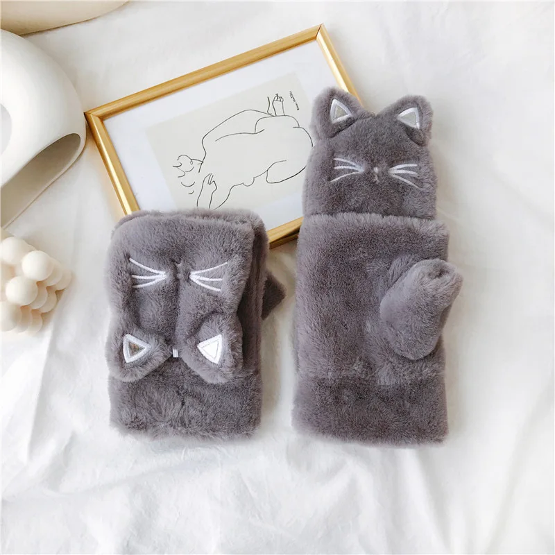 Women Winter Warm Plus Velvet Thicken Half Finger Flip Cycling Driving Gloves Cute Cat Fingerless Touch screen Mittens H10