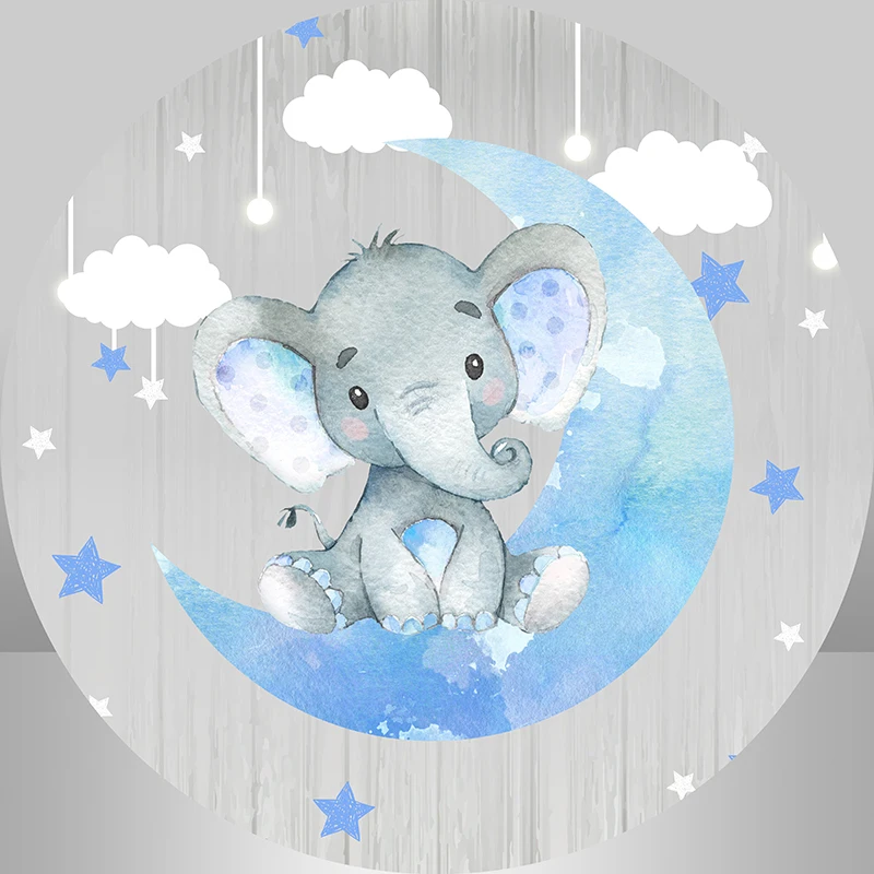 Round Backdrop Elephant Baby Shower Newborn Blue Twinkle Star Boys 1st Birthday Party Circle Photo Background Cylinder Cover