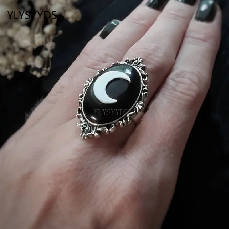 Black Gothic Crescent Moon Crystal Ring Witch Vampire Crescent Moon Statement Halloween Punk Goth Women Gift Handmade Jewelry