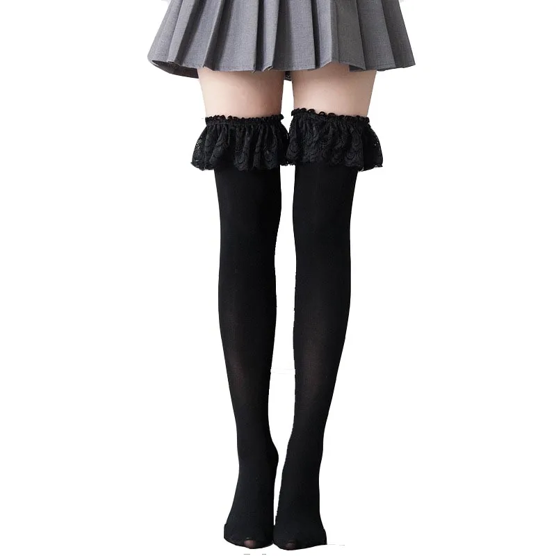 

Sexy Velvet Ruffle Lace Top Opaque Thigh High Stockings Lolita Fashion Cosplay Costume Multiple Colors