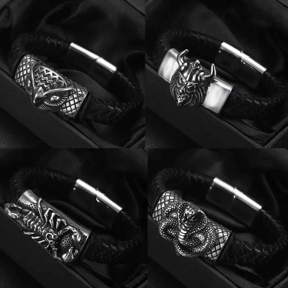 Stainless Steel Punk Slider Beads Skull Viking Slide Charms Fit 12*6mm Leather Cord Bracelet DIY Men Jewelry Making Accesso