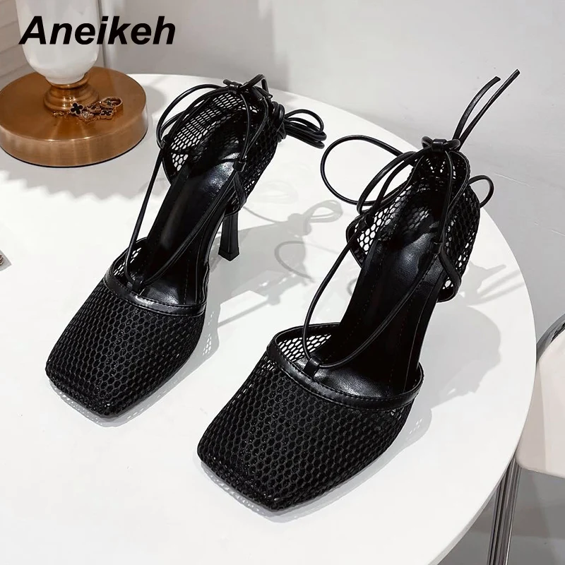 Aneikeh Summer Fashion Beach Mesh Hollow Out Sandals Women\'s Cross Lace Up Thin Heel High Heels 2024 Sexy Zapatillas Mujer 35-41