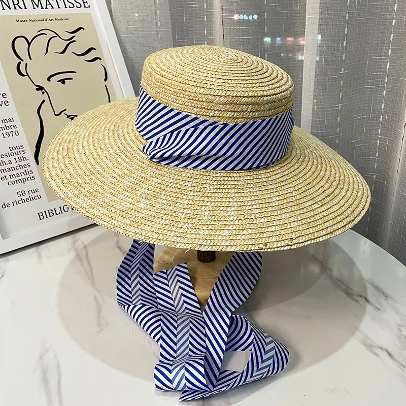 

Women's Summer Hat Sun Protection Cap Female Flat Top Wide Brim Hat Ribbon Decoration Straw Hat Beach Sun Hat With Chin Strap