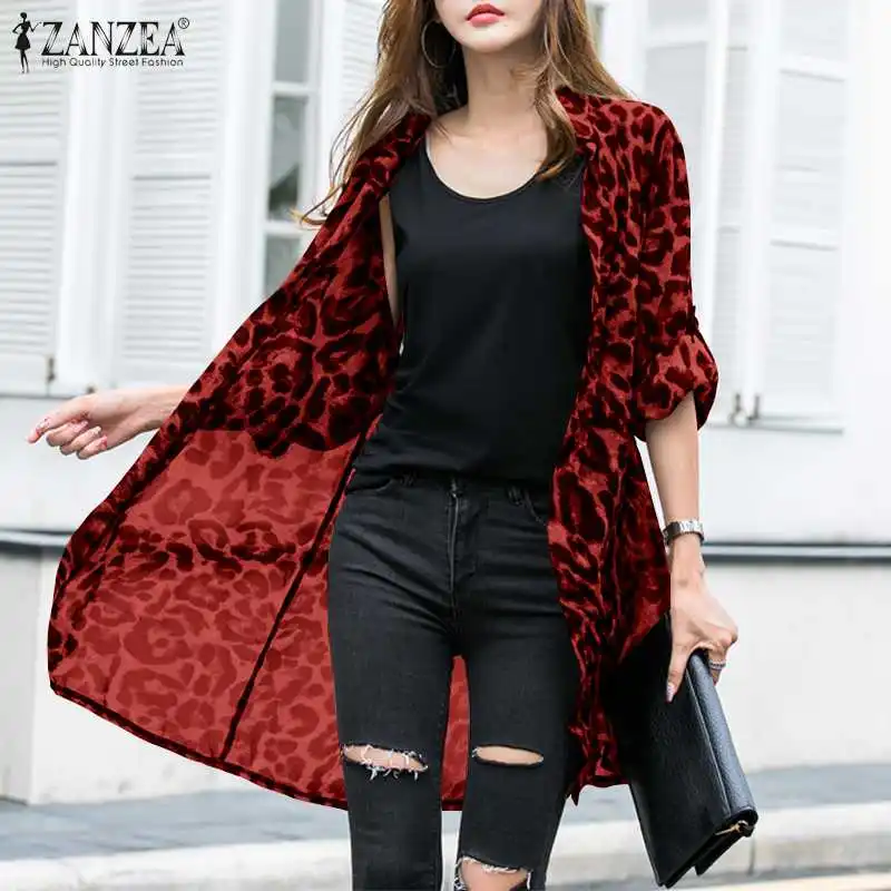 Women\'s Printed Blouses ZANZEA 2023 Fashion Summer Leopard Cardigans Long Kimono Cape Female Lapel Tunic Chemise Top