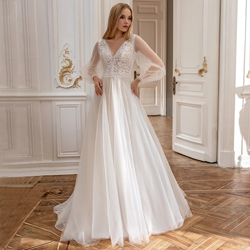 Eleganti abiti da sposa con scollo a v a maniche lunghe 2021 Appliques in pizzo bottone in Tulle indietro abito da sposa a-line lunghezza del pavimento Sweep Train