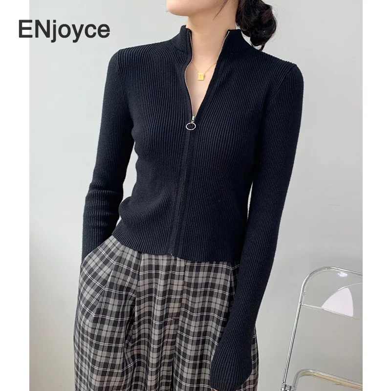 Women Vintage Zipper Stand Collar Knitted Cardigans Korean Fashion Cropped Sweater Ribbed Knitwear Autumn Winter