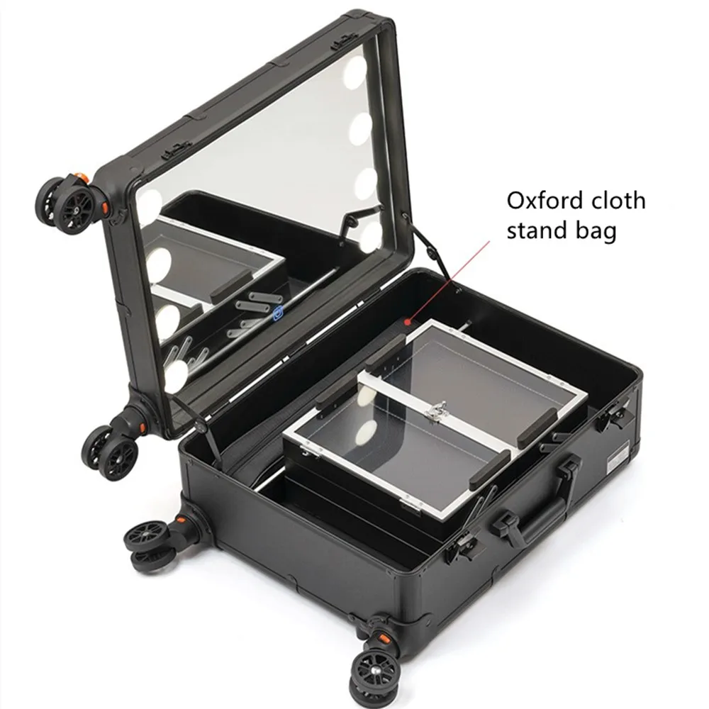 Aluminum Frame Professional Rolling Studio Makeup Artist Cosmetic Case Beauty Trolley Suitcase LED Light Mirror Box Luggage Bags