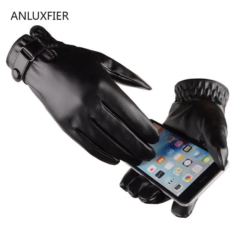H9903 Women Leather Gloves Men Winter Touch Screen Windproof Warm Black Mittens Thermal Thick Driving Fashion Simple Hand Muff image 2