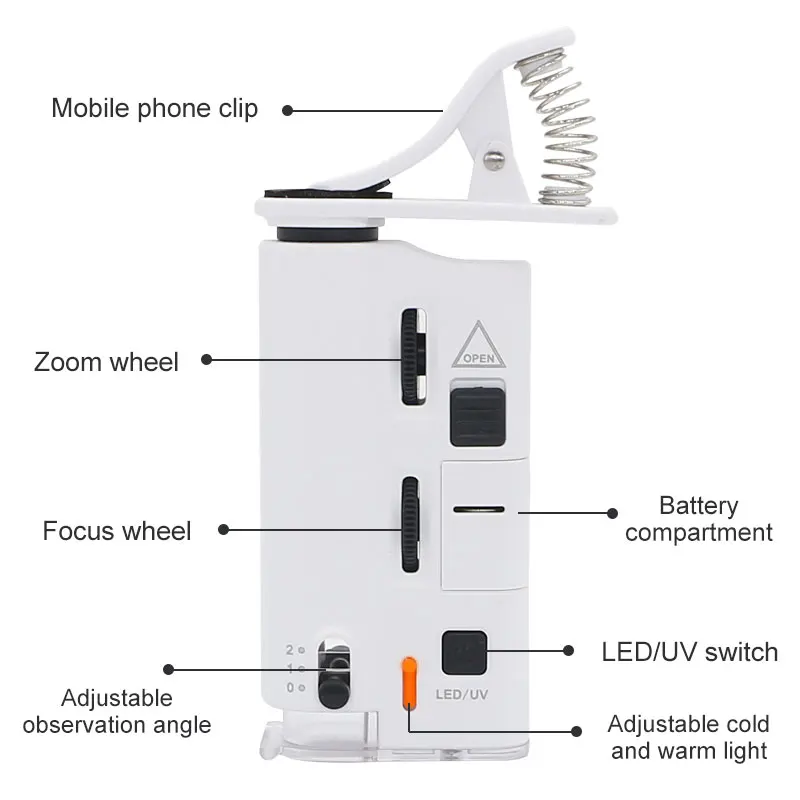 Mini microscopio portátil con Clip Universal, lupa con luz LED UV, 60X-100X, teléfono inteligente