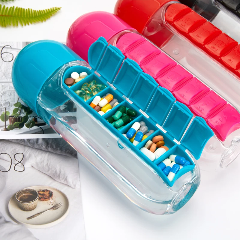 

600Ml 7 Days Drug Organizer Water Bottle with Pillbox Plastic Drink Bottle with Medicine Pills Box Travel Drinking Container