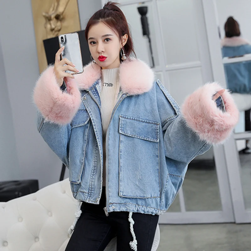 Winter Short Denim Jacket Coat Women New Korean Fashion Loose Thick Large Fur Collar Solid Color Outerwear