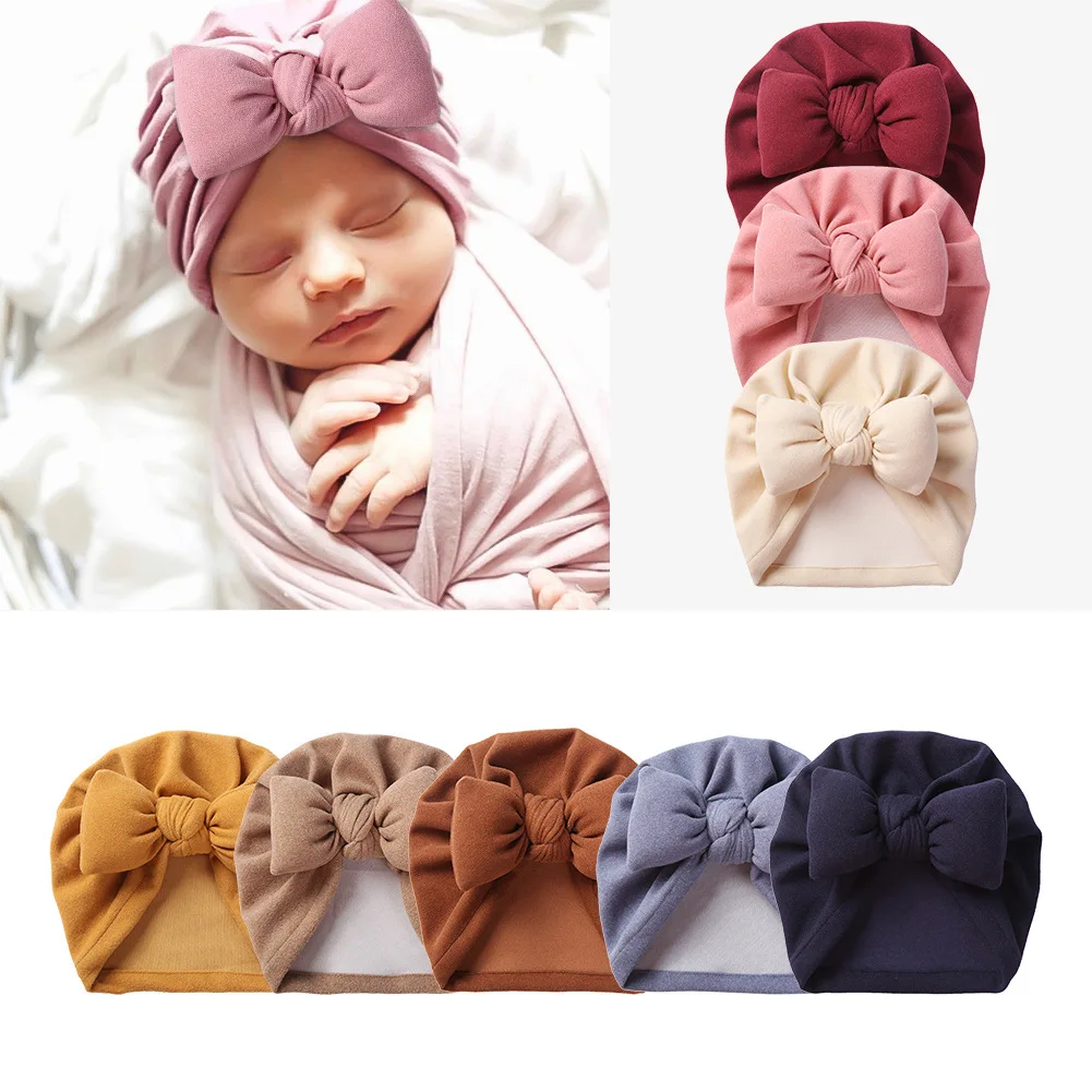 Solid Color Baby Hat Bowknot Baby Girls Boys Cashmere Turban Knot Head Wraps Baby Kids Bonnet Beanies Newborn Hospital Caps