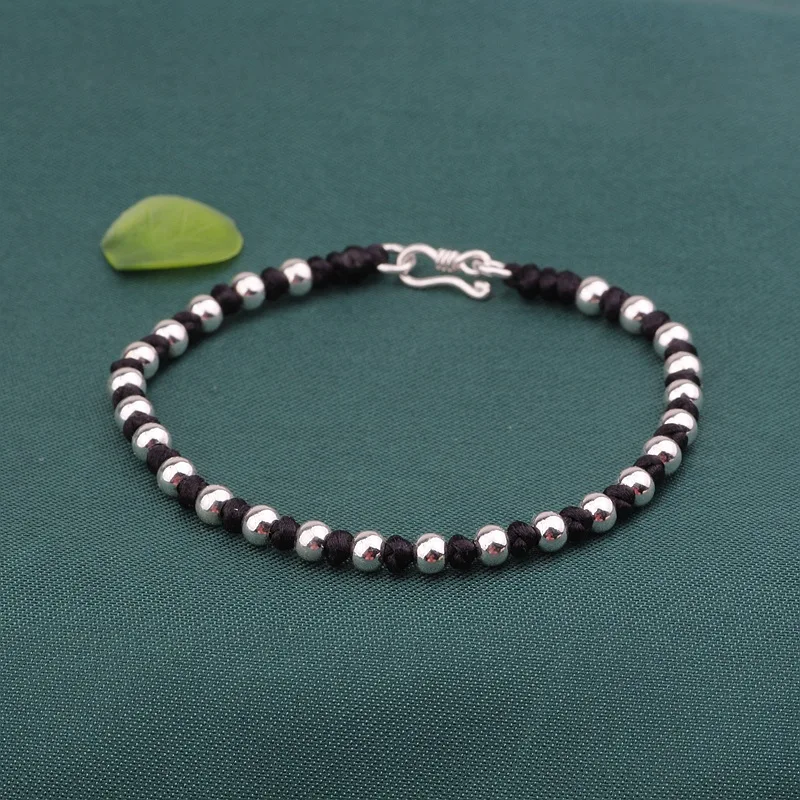BOCAI New Real S925 Sterling Silver Jewelry DIY Hand-Woven 4mm Bead Versatile Bracelet for Couples Man and Woman