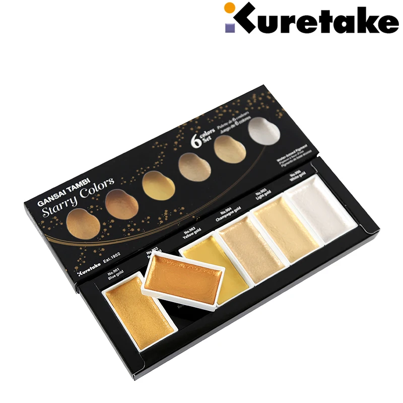 Japan ZIG Kuretake GANSAI TAMBI Starry/Pearl/Gem/Opal Watercolor Metallic Gold Paints 6 Colors Set Painting Supplies