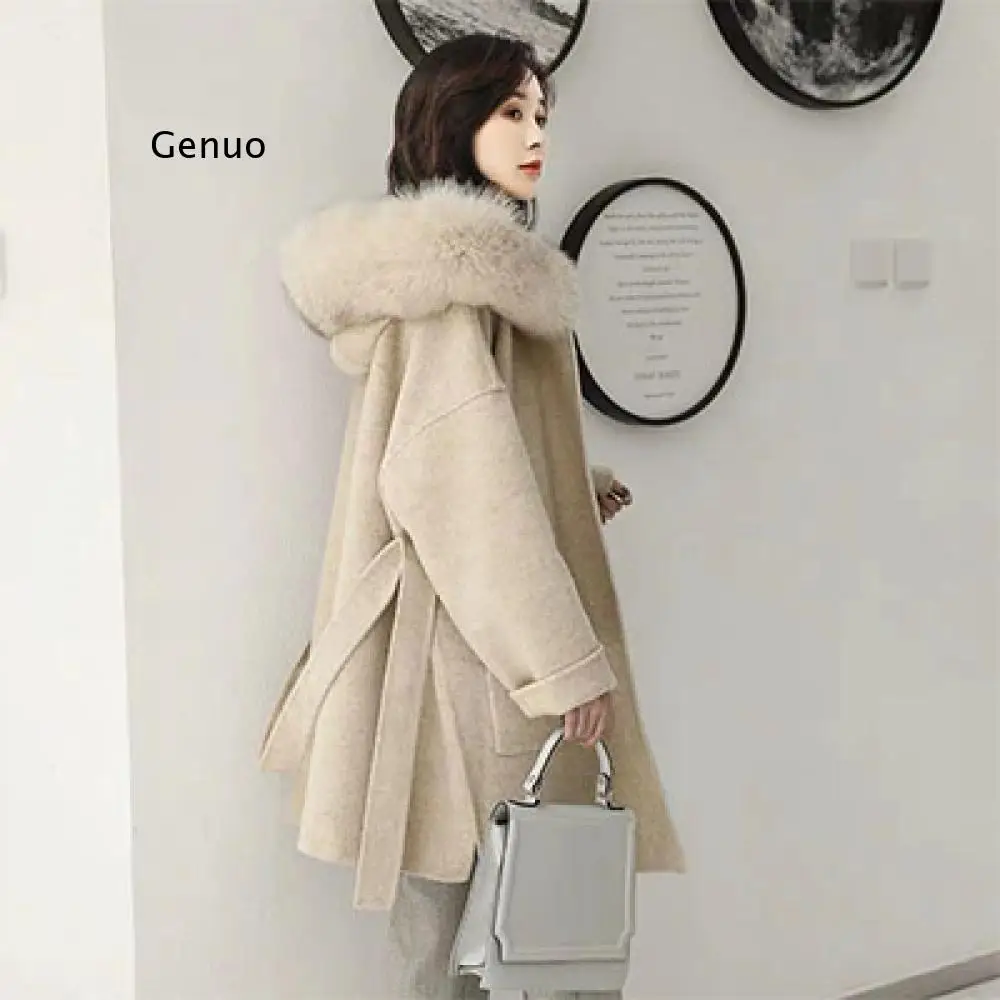 Fake Fur Coat Winter Jacket Hoodie Women Loose Fluffy Fox Fur Collar Cashmere Wool Blends Outerwear Streetwear Oversize