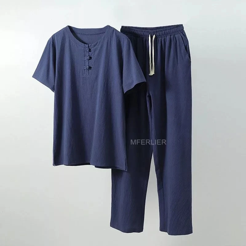 plus size 9XL 160kg summer men linen pajamas Short Sleeve T-shirt and pants Chinese style vintage tees elasticity pajamas