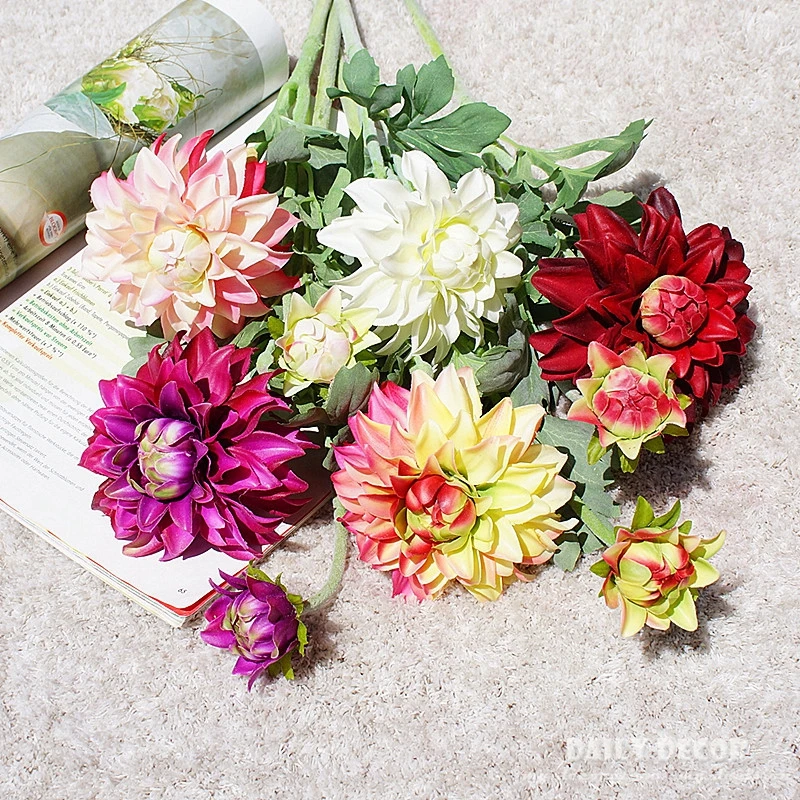 6pcs /lot ! real touch cloth artificial 2 heads pompon flowers fake dahlia flower wholesale wedding flower free shipping