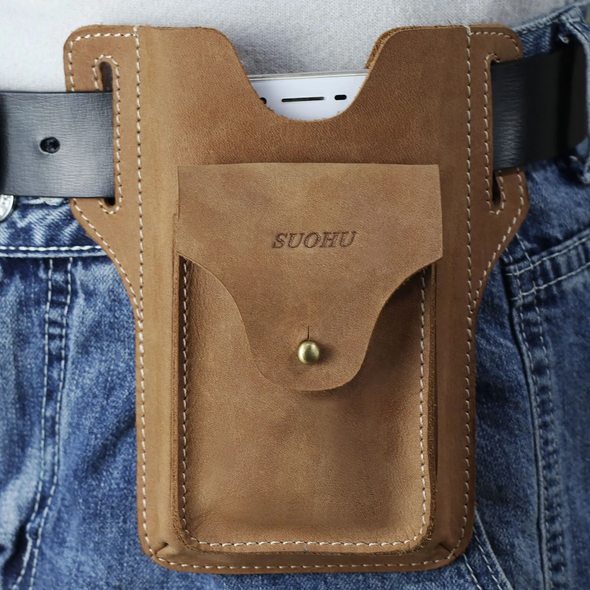 

New business leisure fashion trend Leather Men's Retro mobile phone waist bag crazy horse leather belt mobile phone bag