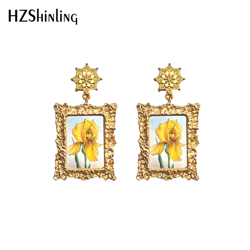 2020 New Iris Flower Earring Art Painting Vintage Earrings Retro Mandala Charm Square Glass Cabochon Jewelry image 5