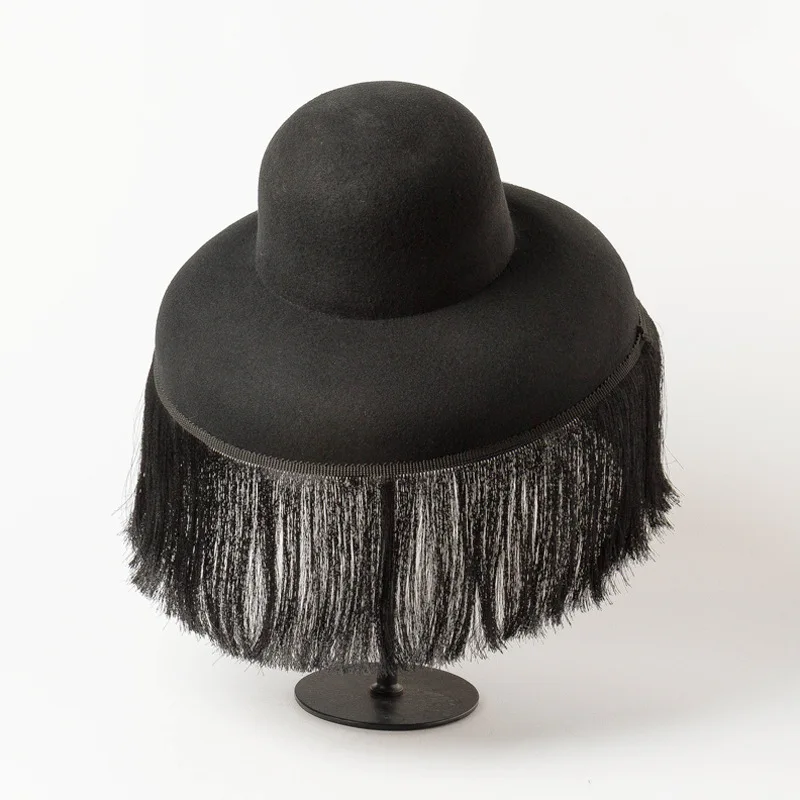 Fashion Black Hat Quality Autumn And Winter New Dome Cap With Fringed Fedora Hat Retro Personality Bucket Hat Custom Style Cape