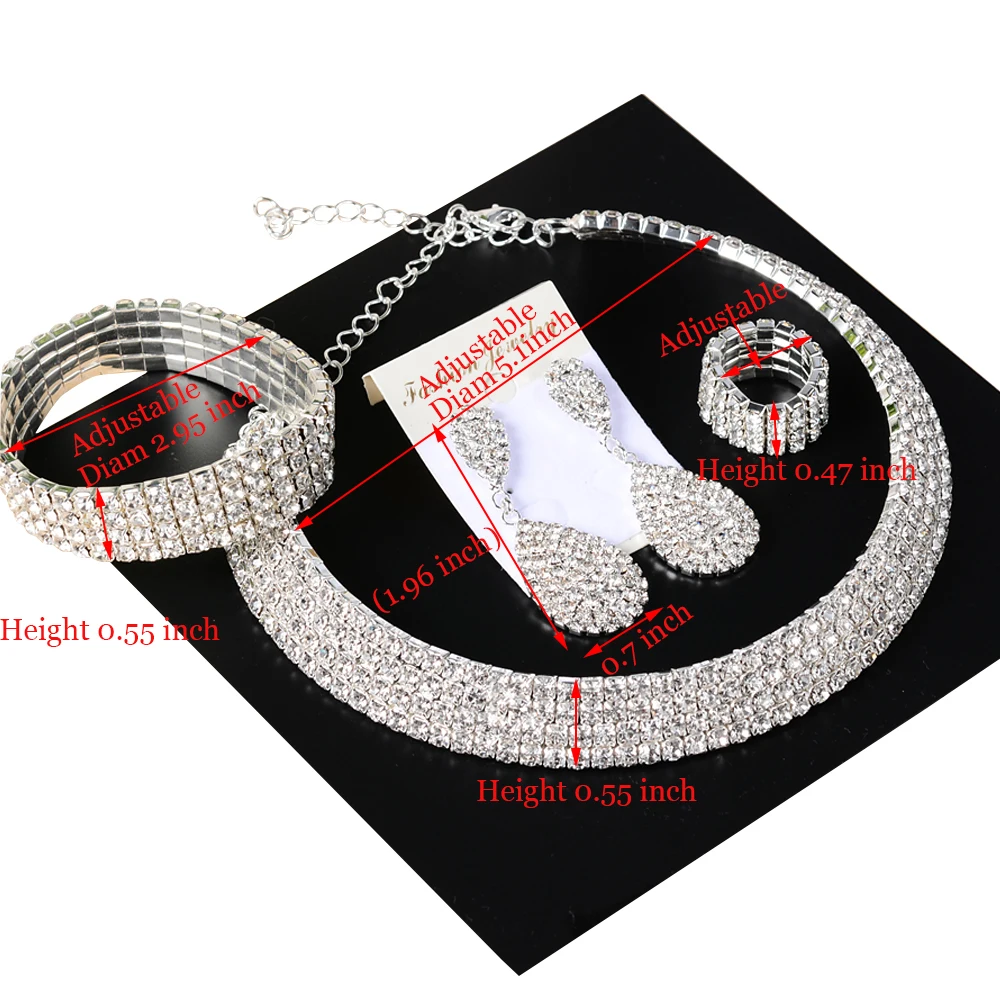 4 PCS Luxury Wedding Bridal Jewelry Sets for Brides Women Necklace Bracelet Ring Earring Set Elastic Rope Crystal Jewelry