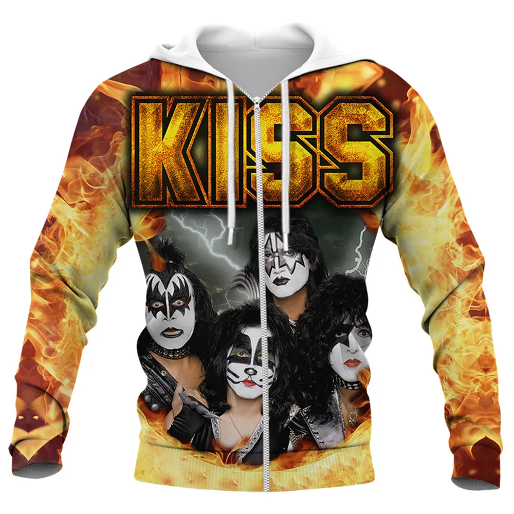 HX Christmas Zip Hoodies 3D Graphics Kiss Band Print Pullovers Tops Fashion Hip Hop Streetwear Harajuku Men Clothing