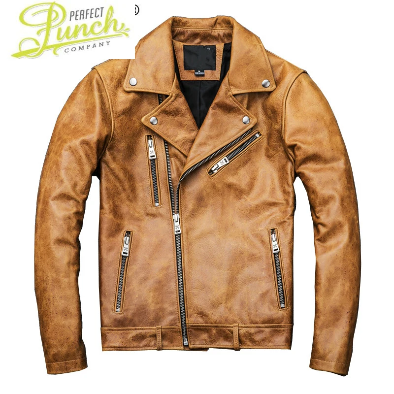 

Leather Genuine Jacket Men Oil Wax Cow Leather Coat Men's Motorcycle Jacket Yellow Chaqueta Cuero Hombre KJ1214