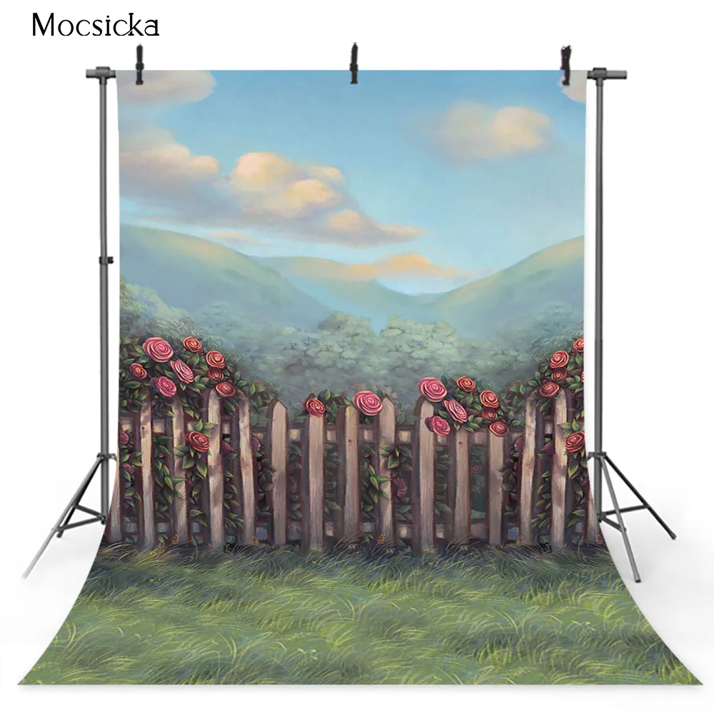 Mountain top background Green grass Pink floral Backdrop for Photography Studio Woodland Landscape Portrait Photo Shoot Backdrop