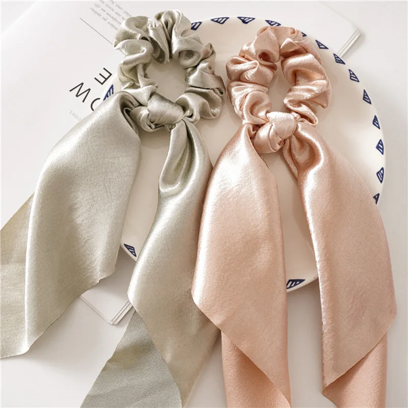 Shiny Silk Long Ribbon Scrunchies Elastic Hair Bands Women Girls Bow Knot Scraf Ponytail Holder Hair Ties Hair Accessories