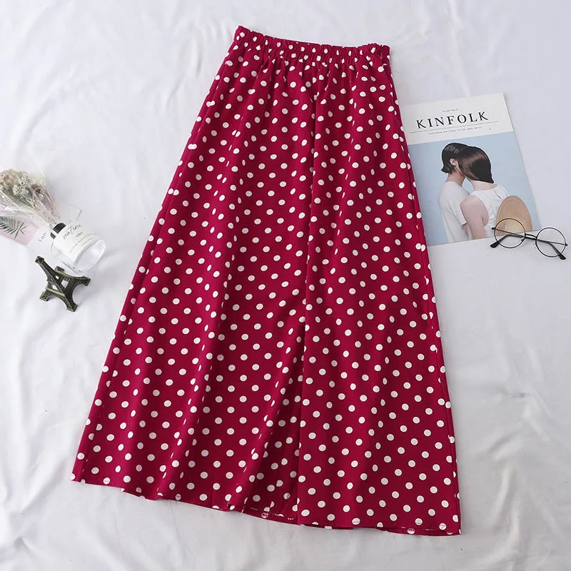 Summer Casual Chiffon Print Dot-print Skirt Female High Waist Midi Pleated Skirt Womens Black White Red Long Skirts Streetwear