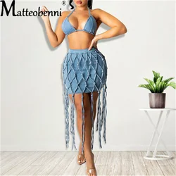 2021 Women Denim Skirt Sets Halter Neck Sleeveless Bra Tops + Bandage Tassels Skirt Lady Bodycon Nightclub Dresses Hot Summer