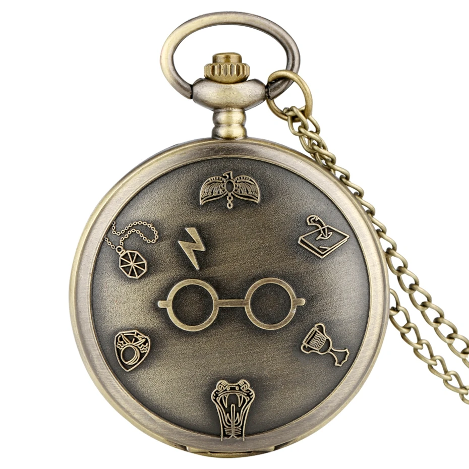 Retro Bronze Harajuku Clock Lightning Glasses Quartz Pocket Watch Necklace Flash Glasses Graphic Pendant Chain Art Antique Gifts