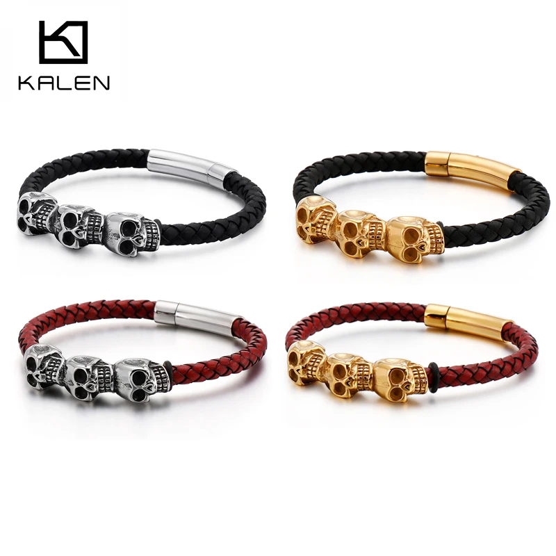 KALEN Black Red Cowhide Leather Bracelets For Men Punk Stainless Steel Jewelry Skeleton Hip Hop Rock Bangles Silver/Gold Color