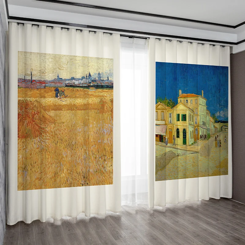 Oil Painting Scenery Curtains Window Living Room Curtains Kitchen Indoor  Bedroom Window Blackout Decoration Curtain