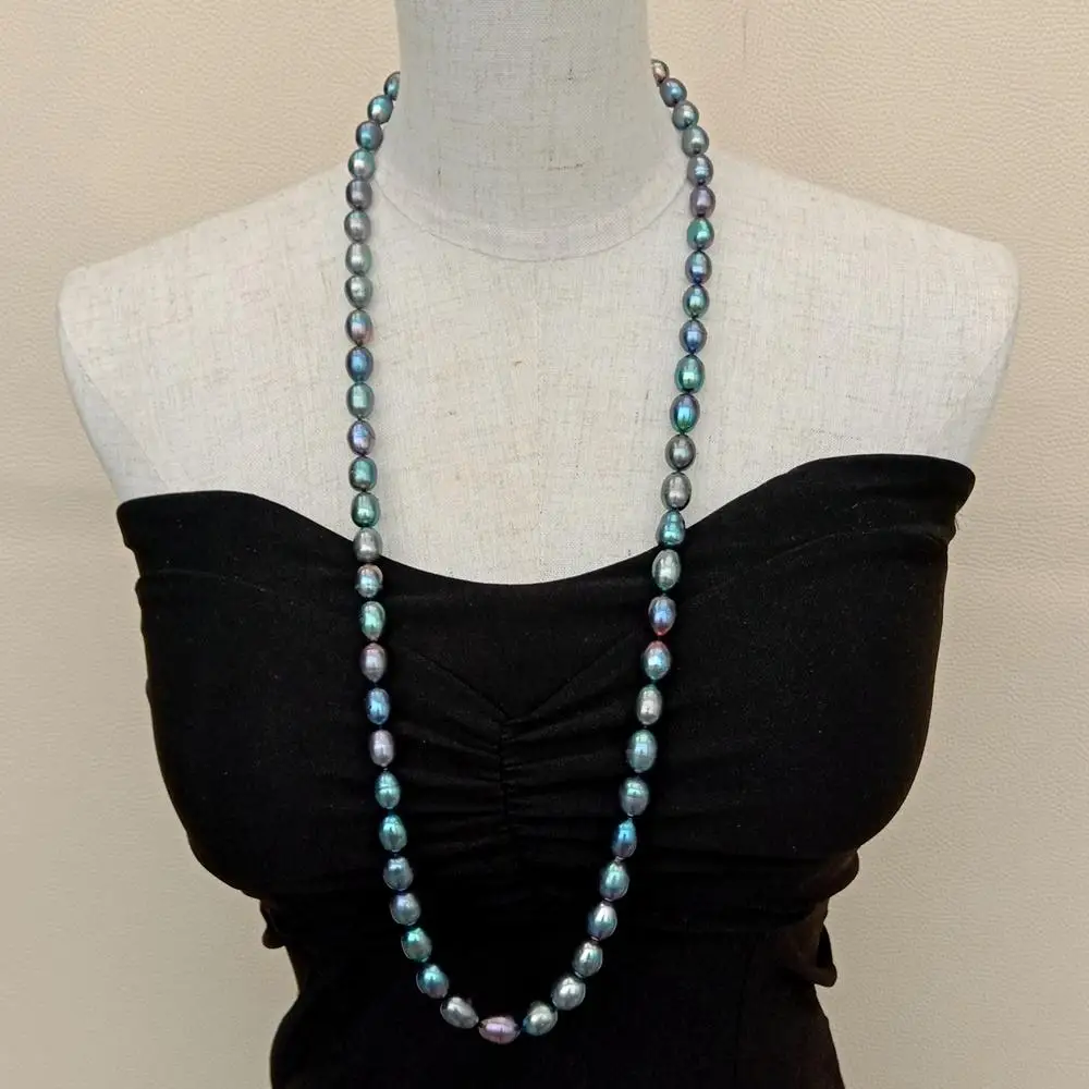 

YYGEM natural Freshwater Cultured Black Rice Pearl Long Necklace 32.5" 925 Silver Clasp